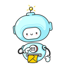 Funny cute robot, chat bot prints letter. Vector flat line cartoon kawaii character illustration icon. Isolated on white background. Robot, bot mascot character concept