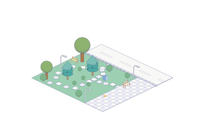 Vector Isometric city park with pinetrees and trees and bushes