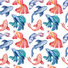 Seamless pattern with hand painted watercolor koi fish