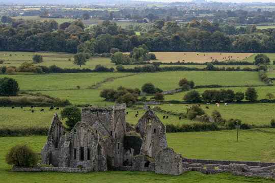 The Abbey at Rock of Cashel, Tipperary, Ireland. Distant view of the Abbey showing the rolling countryside of Ireland, and the distant horizon.