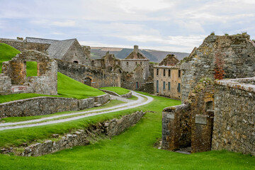 The ruins of Fort Charles outside Kinsale, Ireland. Closeup view inside the fort showing buildings...