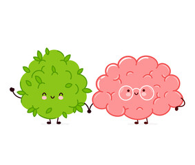 Cute funny marijuana weed bud and brain organ character. Vector flat line cartoon kawaii character illustration icon. Isolated on white background. Weed face character mascot concept