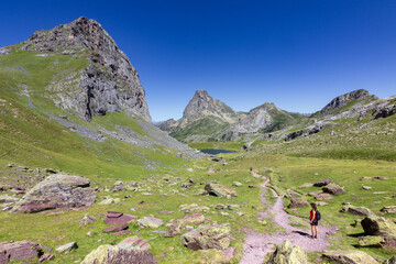 Fototapeta na wymiar View of Ayous lakes and Midi d'Ossau mountain in the Pyrenees (France)