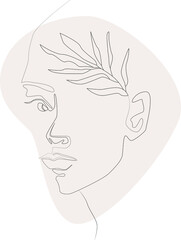 Modern one line portrait of beauty women with leaf. One line art image. Simple vector portrait. Modern minimalistic women portrait line art. Minimalistic illustration for printing, t-shirt, posters, c