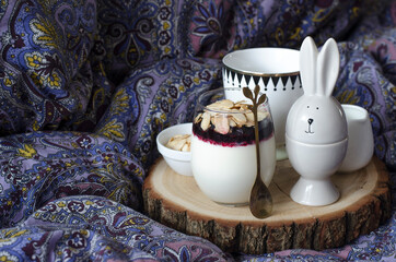Panna cotta and tea for breakfast in bed