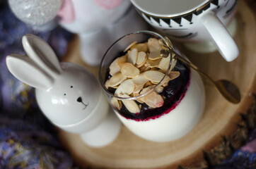 Panna cotta and tea for breakfast in bed