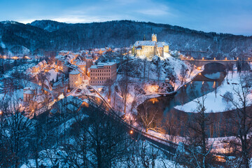 Stunning scenic view of beautiful cityscape of medieval Loket nad Ohri town with Loket Castle...