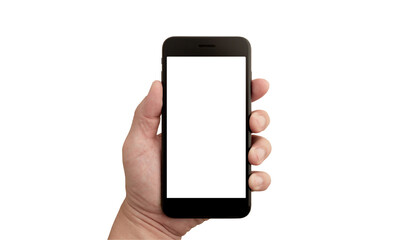 Left hand of a white man holding a blank black smartphone and a white screen at a isolate background with clipping path.