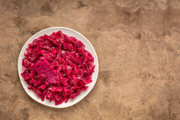 plate of red cabbage sauerkraut - fermented probiotics food