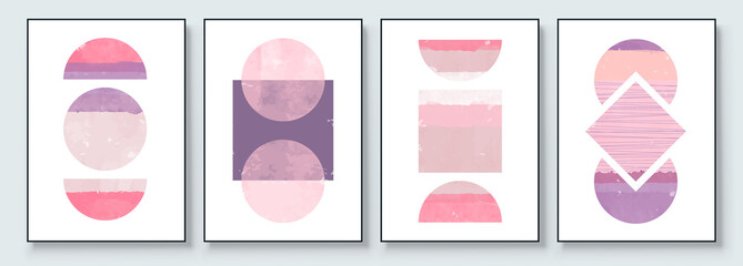 Mid-Century Modern Design. A trendy set of Abstract Pink Hand Painted Illustrations for Postcard, Social Media Banner, Brochure Cover Design or Wall Decoration Background. Aesthetic watercolor © great_bergens