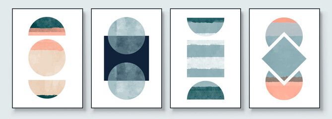 Mid-Century Modern Design. Aesthetic watercolor. A trendy set of Abstract Hand Painted Illustrations for Postcard, Social Media Banner, Brochure Cover Design or Wall Decoration Background. © great_bergens