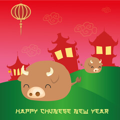 Chinese new year poster. Ox Catoon - Vector