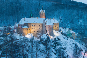 Stunning scenic view of beautiful cityscape of medieval Loket nad Ohri town with Loket Castle...