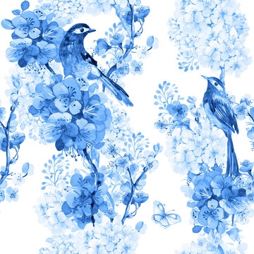 blue flowers and birds seamless patterns for printing on textiles and paper