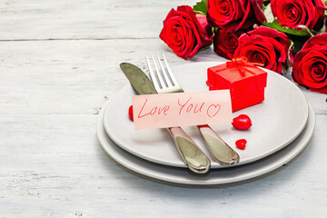 Romantic dinner table. Love concept for Valentine's or mother's day, wedding cutlery