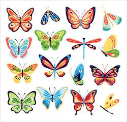 Fototapeta na wymiar Butterfly set. Vector collection of colorful butterflies isolated on background. Hand drawn spring insects, moth with colorful wings. Drawing vintage flying papillon butterfly. Summer garden insects