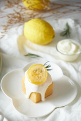 Lemon Cube pound cake set on cafe table.