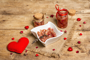 Rose petal jam with romantic decoration
