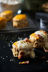 Biscuits Scones Bacon Cheese set on cafe table.