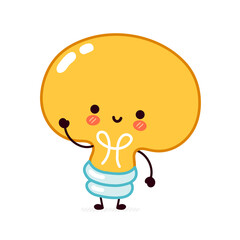 Cute funny light bulb, lamp character. Vector flat line cartoon kawaii character illustration icon. Isolated on white background. Lightbulb with face character mascot concept