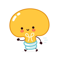 Cute funny light bulb, lamp character run. Vector flat line cartoon kawaii character illustration icon. Isolated on white background. Lightbulb with face character mascot concept
