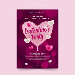 Valentine's party poster template with heart balloon on bokeh background