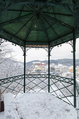 Stunning scenic view of beautiful cityscape of medieval Loket nad Ohri town with Loket Castle...