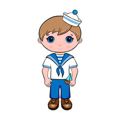 Cute cartoon boy with toy sailboat. Vector illustration, isolated on white background.