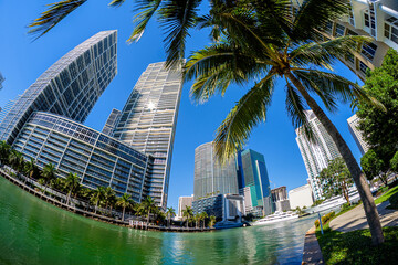 Fisheye view of the Brickell Key area in downtown Miami along Biscayne Bay.