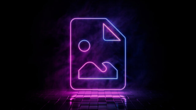 Pink and blue neon light picture icon. Vibrant colored image technology symbol, isolated on a black background. 3D Render 