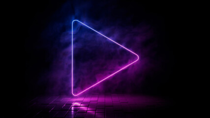 Pink and blue neon light play icon. Vibrant colored media technology symbol, isolated on a black background. 3D Render 