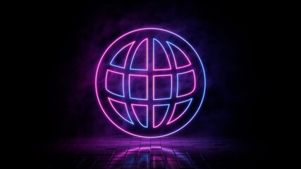 Pink and blue neon light web icon. Vibrant colored internet technology symbol, isolated on a black background. 3D Render 