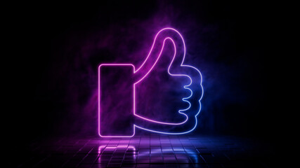 Pink and blue neon light like icon. Vibrant colored thumbs up technology symbol, isolated on a black background. 3D Render 