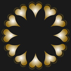 Greeting card template. Gold hearts with a gradient fill are located in a circle on a dark background. Vector illustration.