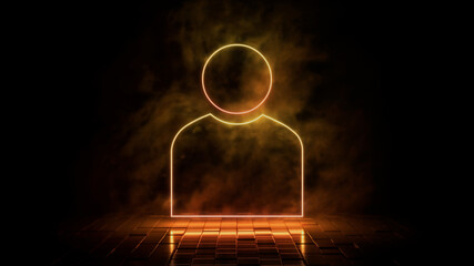 Orange and yellow neon light user icon. Vibrant colored technology symbol, isolated on a black background. 3D Render 