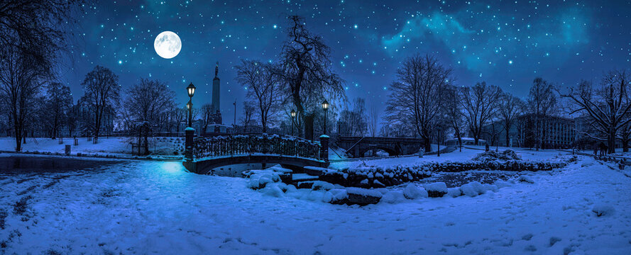 Magic winter night with starry sky and full moon in snowy park with beautiful bridge over small pond, street light and covered in snow trees. Beautiful winter night.