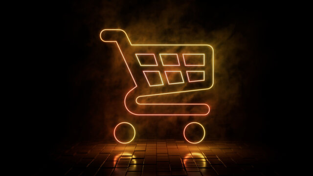 Orange and yellow neon light shopping icon. Vibrant colored technology symbol, isolated on a black background. 3D Render 