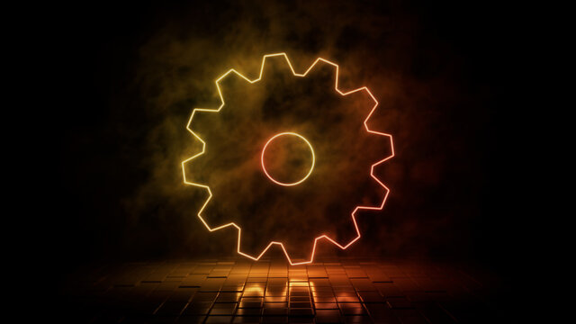 Orange and yellow neon light settings cog icon. Vibrant colored technology symbol, isolated on a black background. 3D Render 