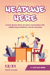 Little girl with idea looking on typewriter