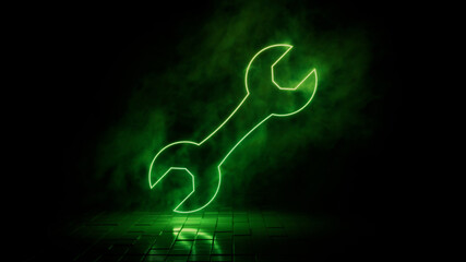 Green neon light tool icon. Vibrant colored technology symbol, isolated on a black background. 3D Render 