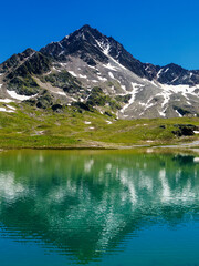 Passo Gavia, mountain pass in Lombardy, Italy, at summer. Lake