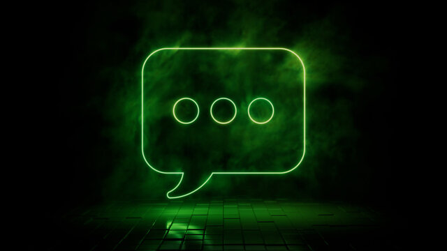 Green neon light sms icon. Vibrant colored technology symbol, isolated on a black background. 3D Render 