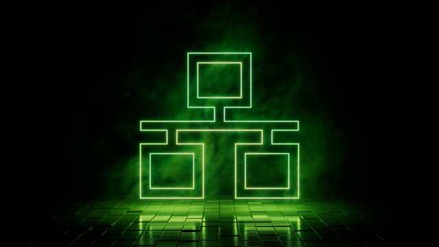 Green neon light ethernet icon. Vibrant colored technology symbol, isolated on a black background. 3D Render 