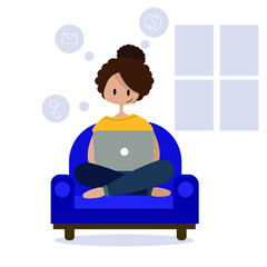 An illustration of a woman sitting on a blue couch with a laptop.Working from home or online shopping concept. Isolated on white.