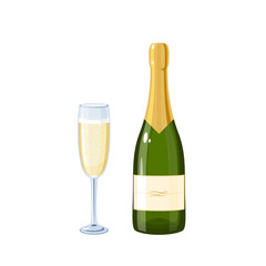 Champagne wine bottle and glass. Vector illustration cartoon flat icon isolated on white background.