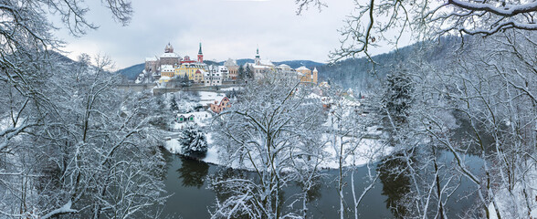 Stunning scenic view of beautiful cityscape of medieval Loket nad Ohri town with Loket Castle...