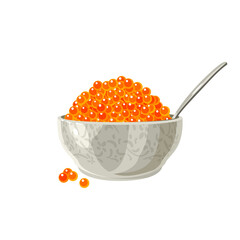 Red salmon caviar in bowl with spoon. Vector illustration cartoon flat icon isolated on white background.
