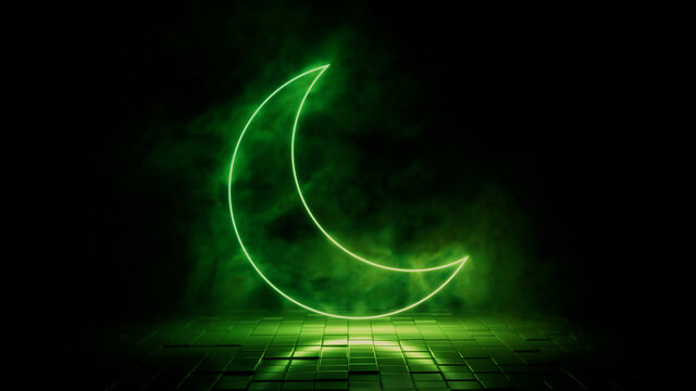Green neon light moon icon. Vibrant colored technology symbol, isolated on a black background. 3D Render 