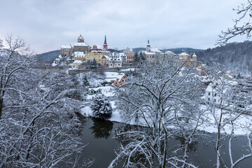 Stunning scenic view of beautiful cityscape of medieval Loket nad Ohri town with Loket Castle...