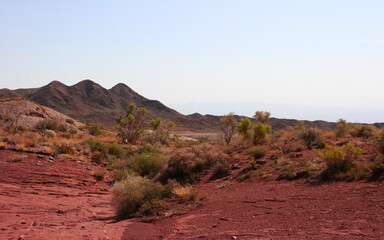 View of a Rock at Katutau red mountain range on a sunny blue sky day. Nature reserve Altyn Emel. Kazakhstan. Rock formations with interesting shapes. Frozen lava stones.